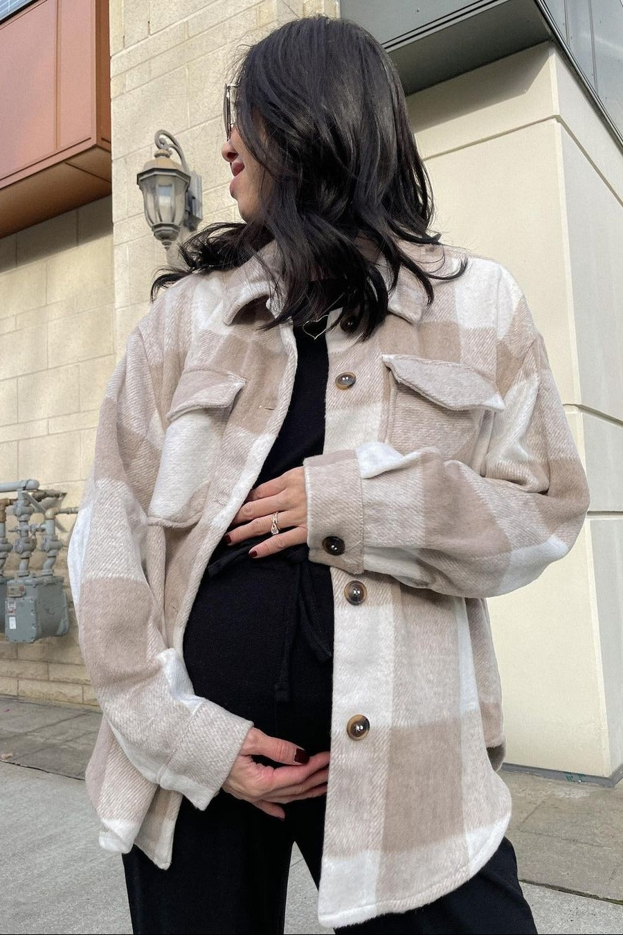 Beige Plaid Knit Maternity Shirt Jacket