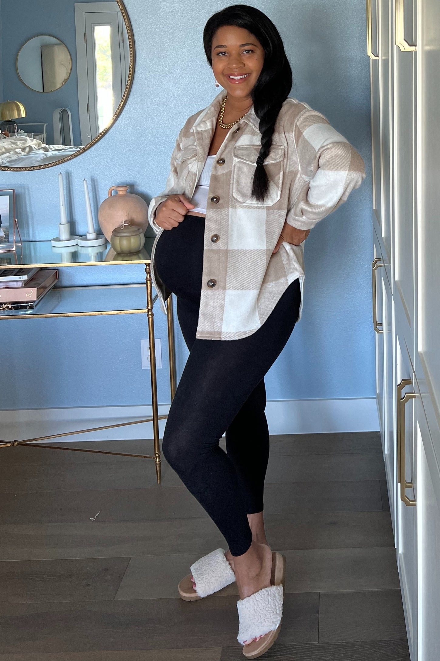 Beige Plaid Knit Maternity Shirt Jacket