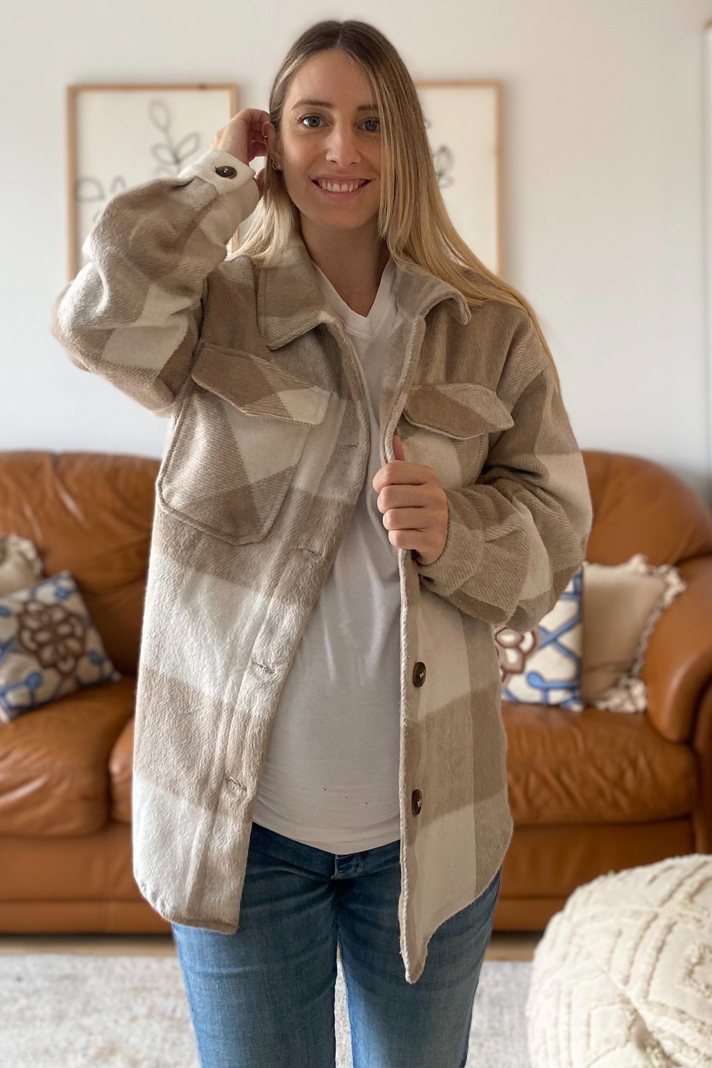 Beige Plaid Knit Maternity Shirt Jacket