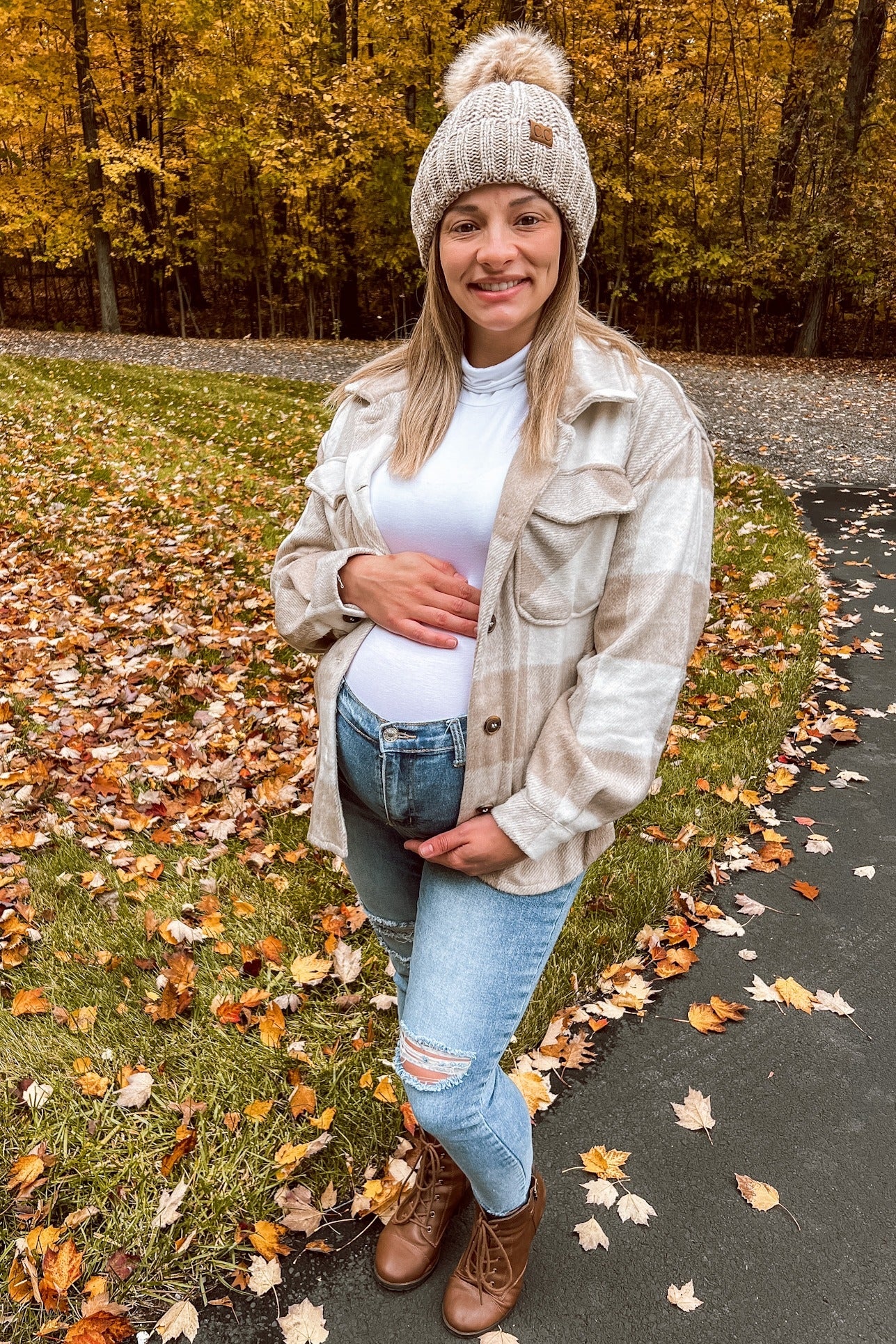 Beige Plaid Knit Maternity Shirt Jacket