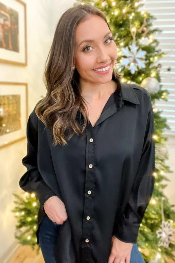 Black Satin Button Up Blouse