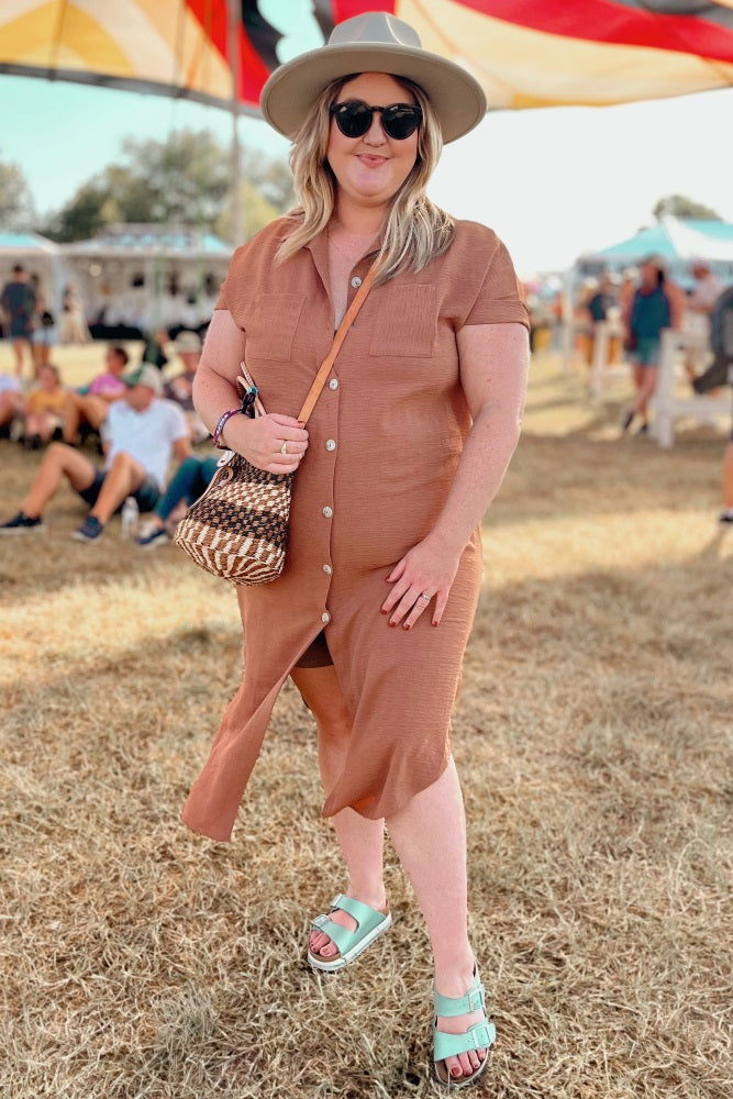 Camel Button Down Hi Low Maxi Dress