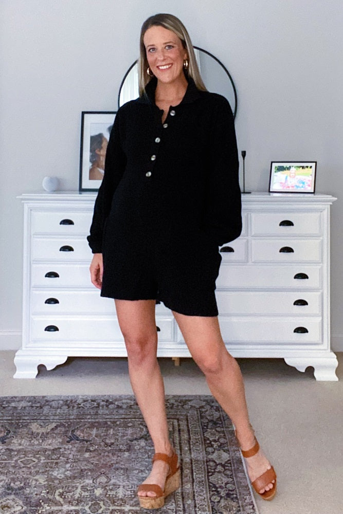Black Button Down Maternity Sweater Romper
