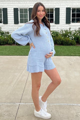 Light Blue Button Down Maternity Sweater Romper