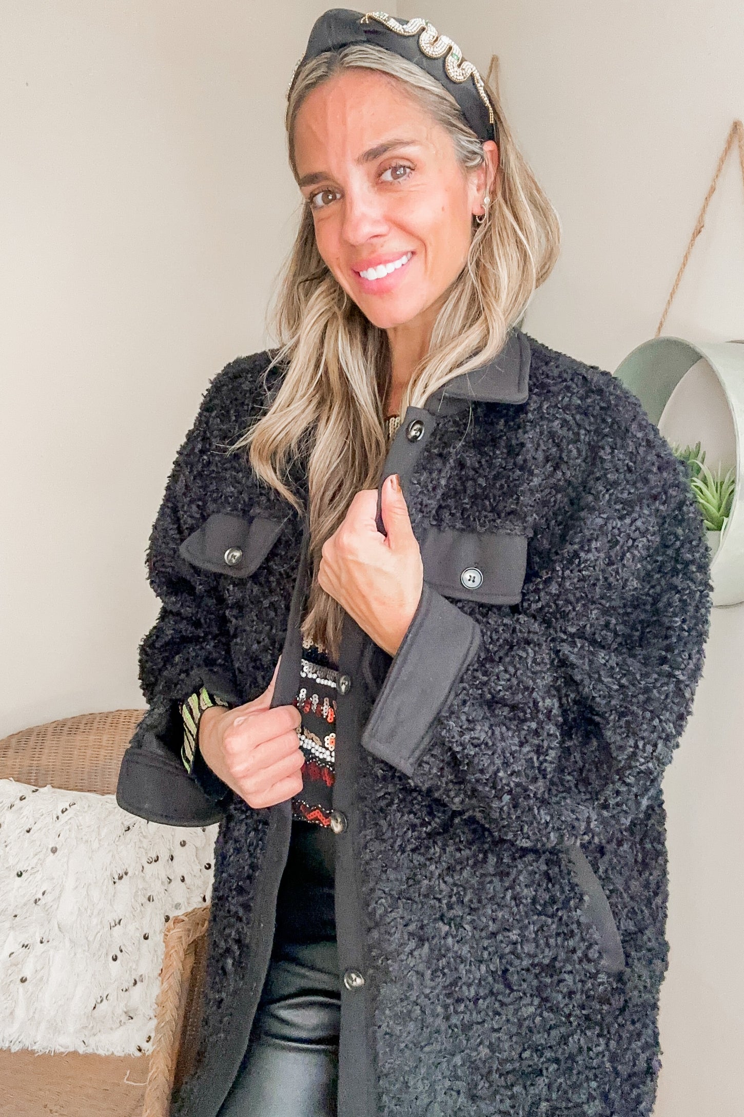 Black Contrast Oversized Sherpa Coat