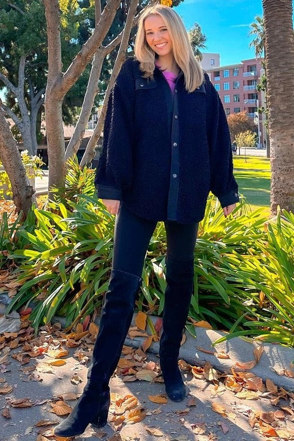 Black Contrast Oversized Sherpa Coat