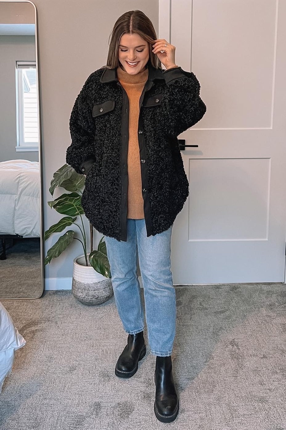 Black Contrast Oversized Sherpa Coat