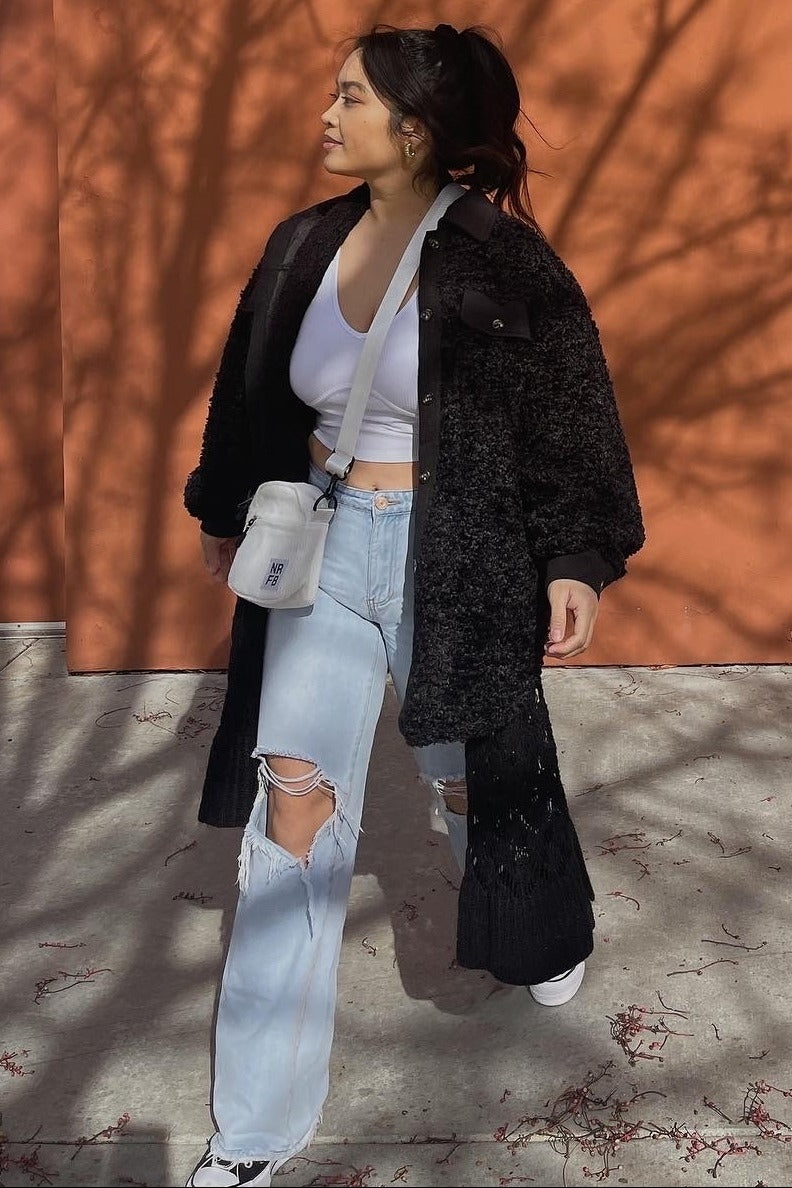 Black Contrast Oversized Sherpa Coat