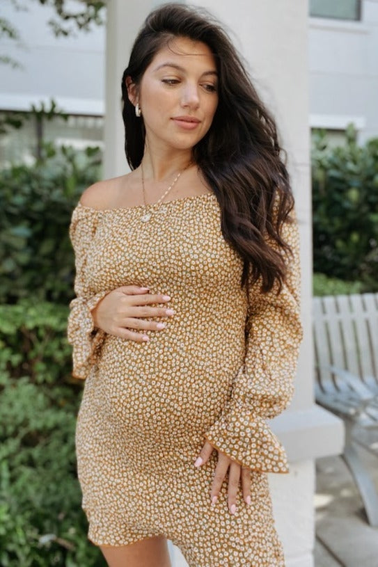 Yellow Ditsy Floral Smocked Long Sleeve Maternity Mini Dress