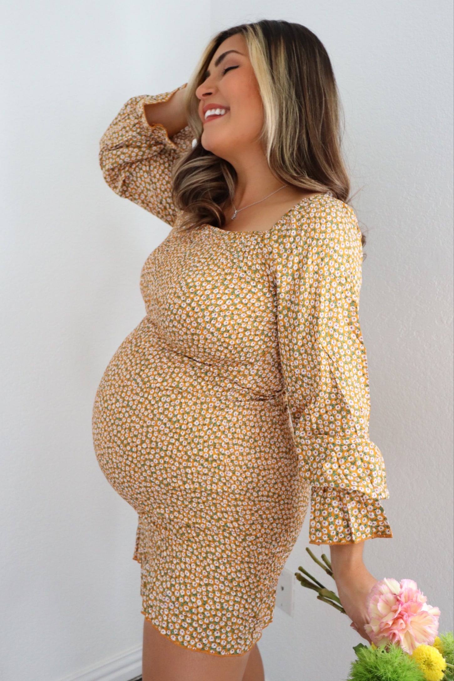 Yellow Ditsy Floral Smocked Long Sleeve Maternity Mini Dress