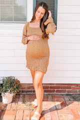 Yellow Ditsy Floral Smocked Long Sleeve Maternity Mini Dress