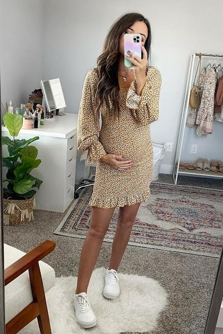 Yellow Ditsy Floral Smocked Long Sleeve Maternity Mini Dress