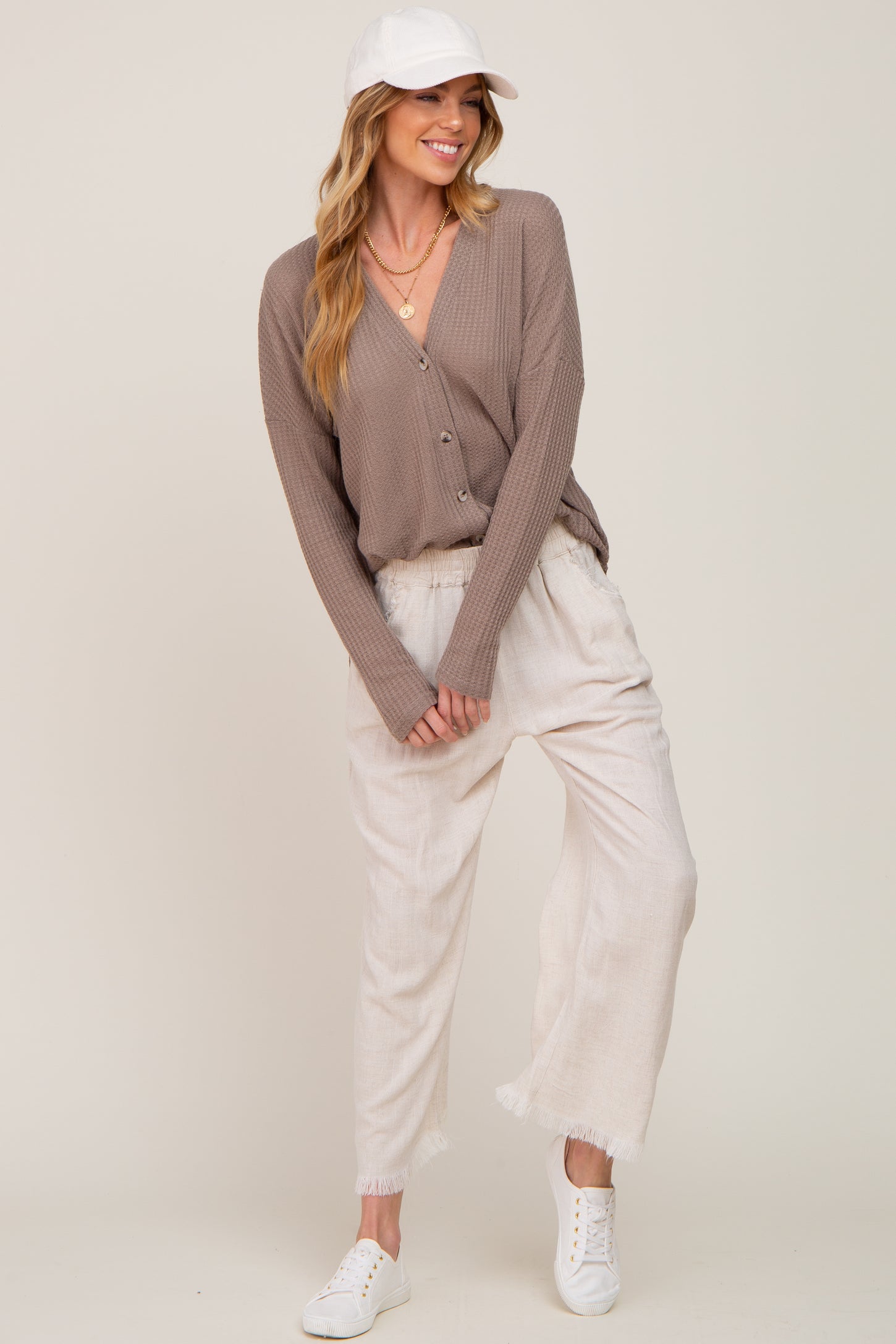 Mocha Waffle Knit Button Down Top
