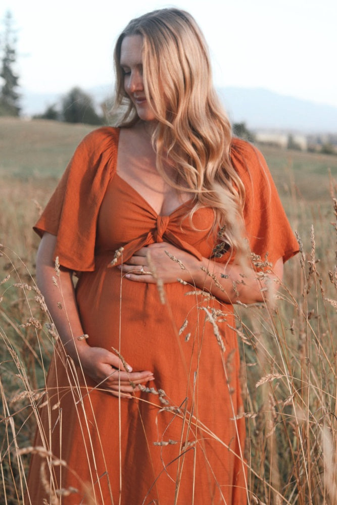 Rust Front Tie Ruffle Sleeve Maternity Midi Dress