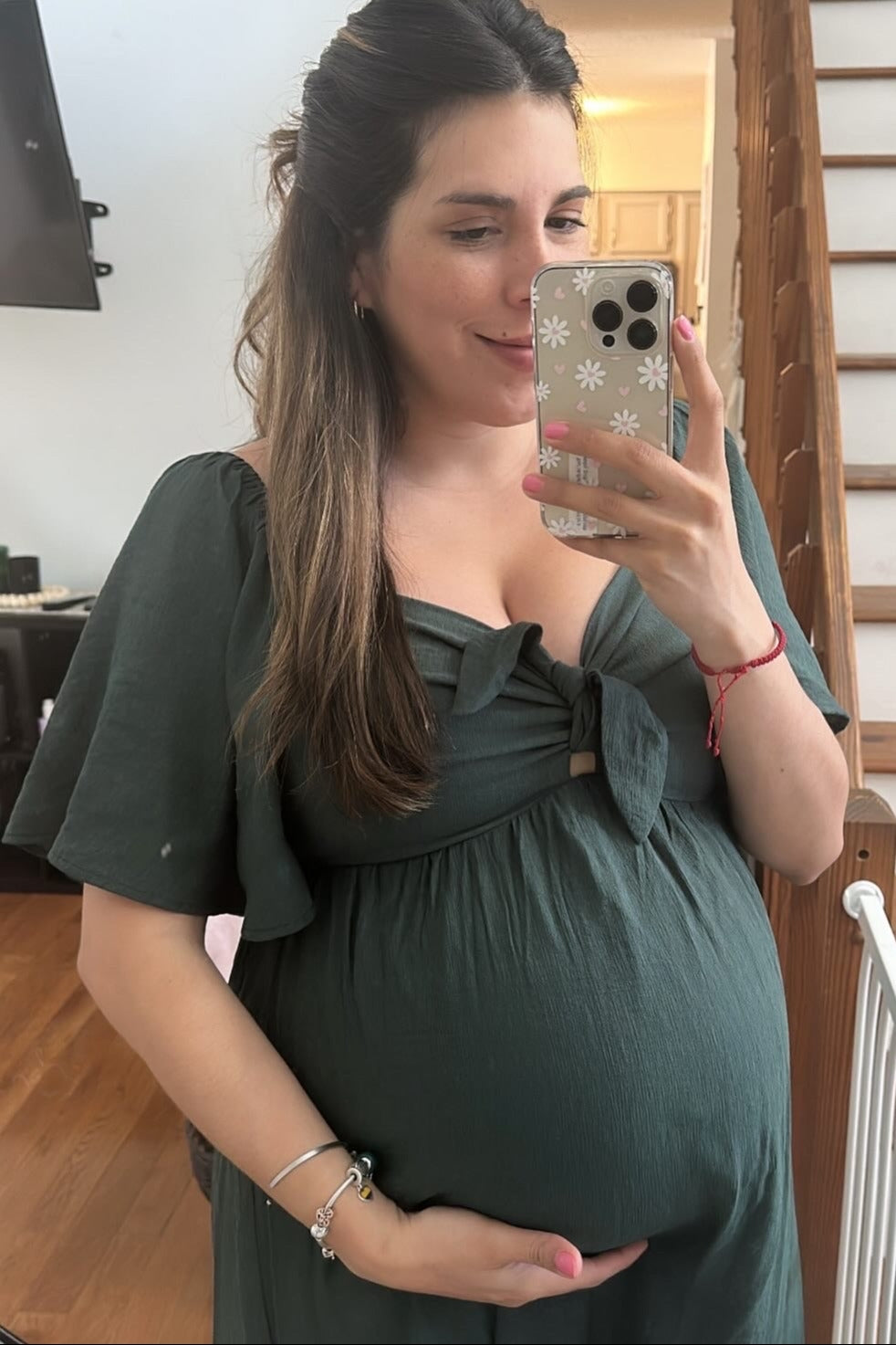 Hunter Green Front Tie Ruffle Sleeve Maternity Midi Dress