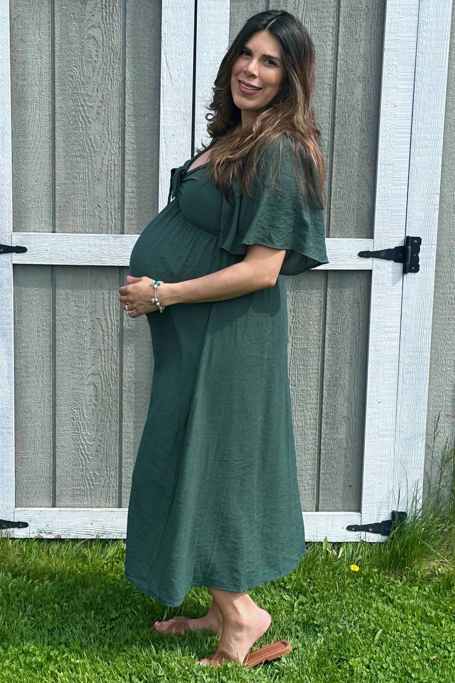 Hunter Green Front Tie Ruffle Sleeve Maternity Midi Dress