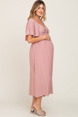 Mauve Front Tie Ruffle Sleeve Maternity Midi Dress