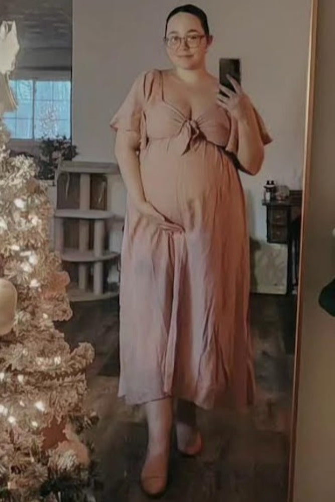 Mauve Front Tie Ruffle Sleeve Maternity Midi Dress