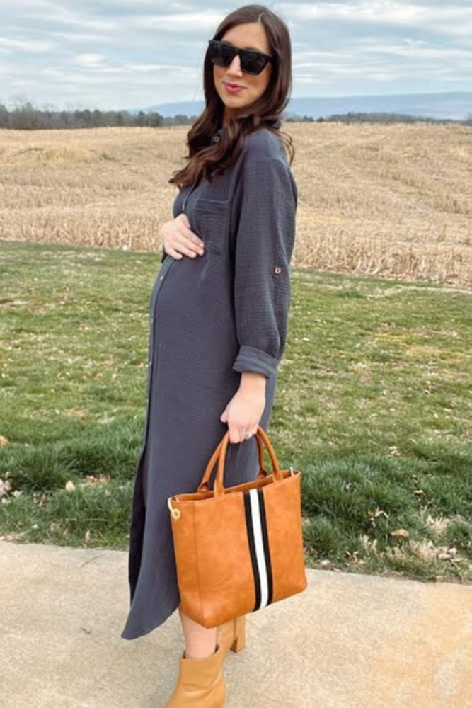 Charcoal Button Down 3/4 Sleeve Maternity Midi Dress