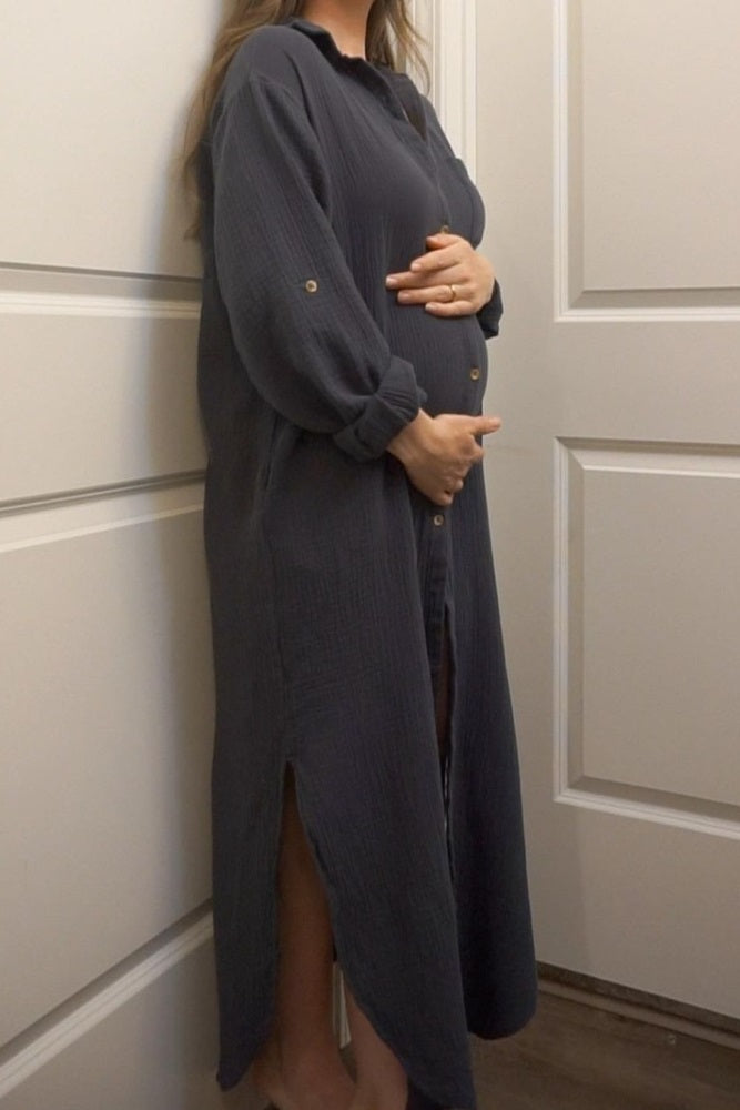 Charcoal Button Down 3/4 Sleeve Maternity Midi Dress