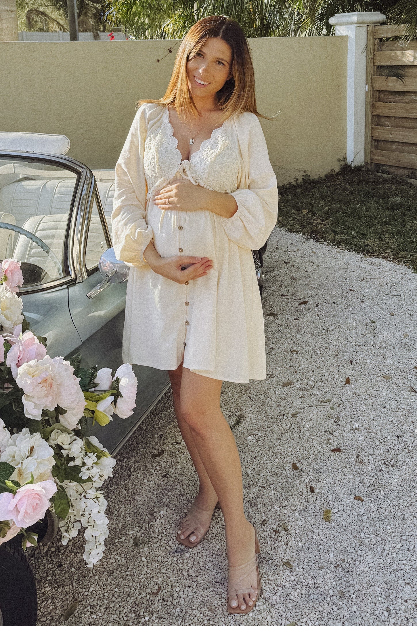 Beige Crochet Lace Button Front Maternity Dress