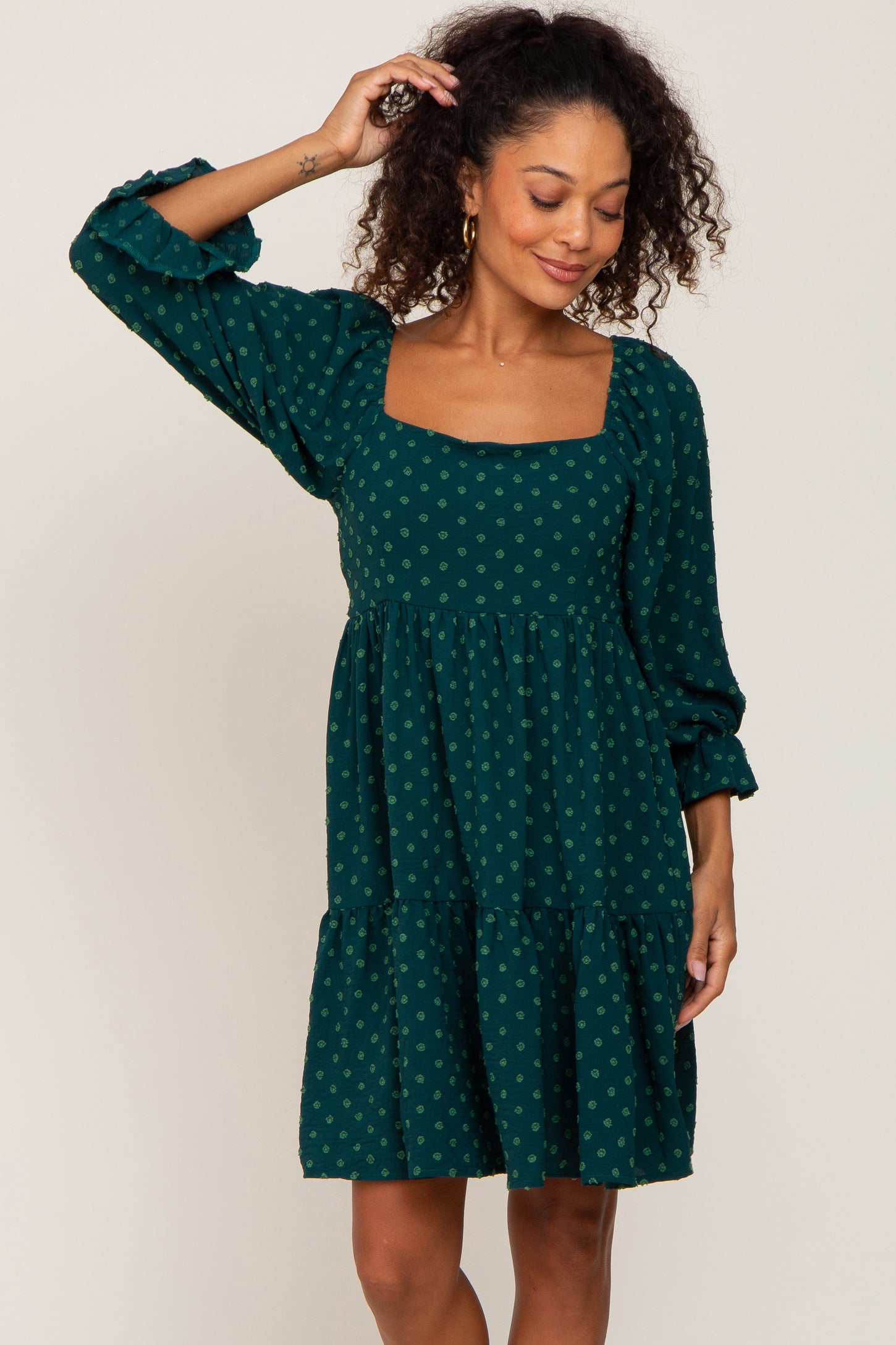 Forest Green Swiss Dot 3/4 Sleeve Maternity Dress