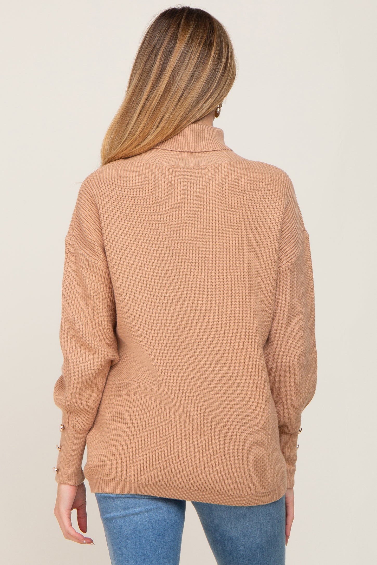 Camel Button Accent Turtleneck Maternity Sweater