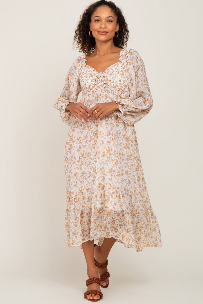 Ivory Floral Chiffon Ruffle Maternity Maxi Dress