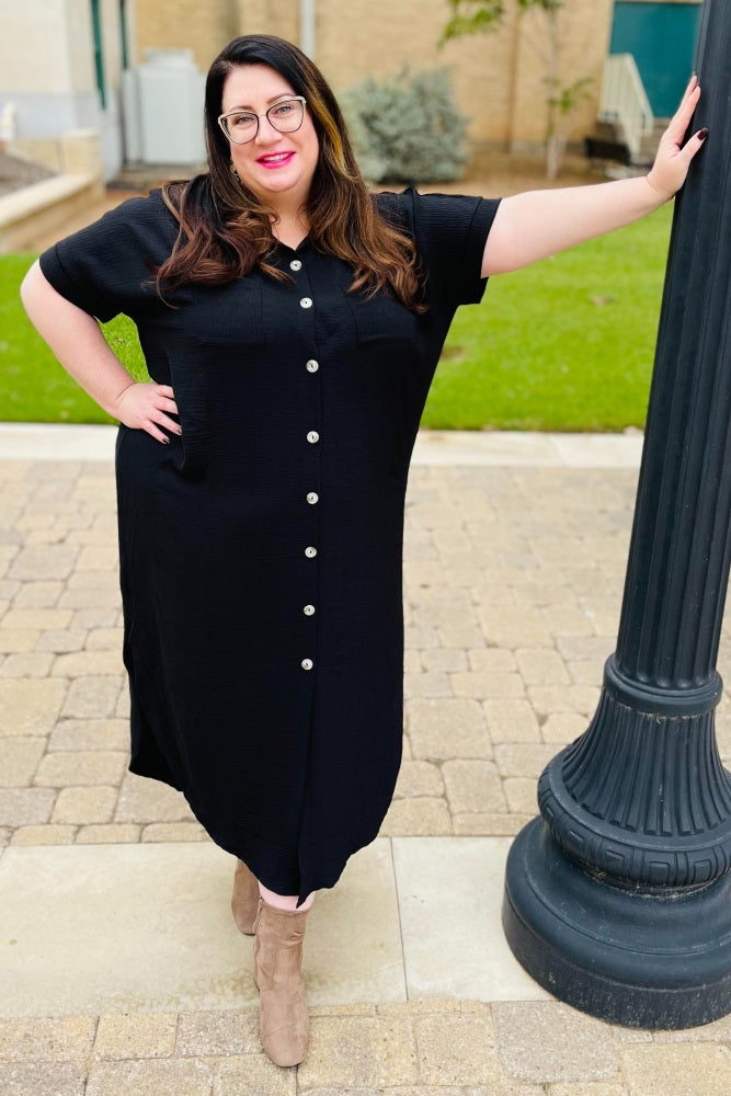 Black Button Down Hi Low Plus Maxi Dress