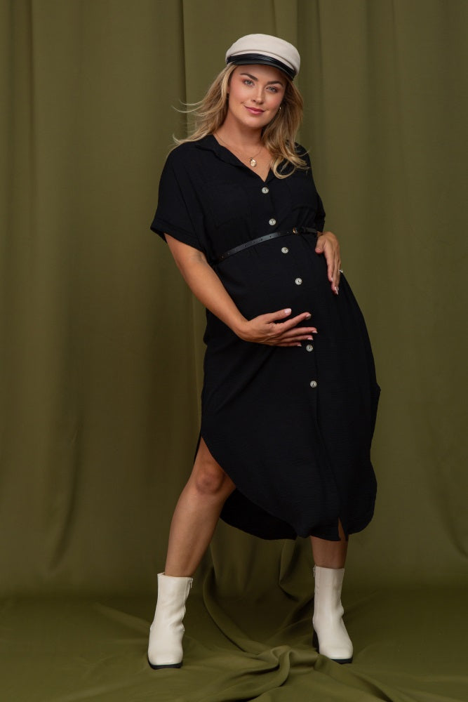 Black Button Down Hi Low Maternity Plus Maxi Dress