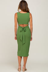 Olive Ribbed Back Cutout Midi Dress