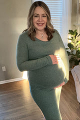 Green Brushed Knit Long Sleeve Maternity Wrap Nursing Dress