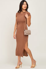 Camel Short Sleeve Side Slit Maternity Maxi Dress