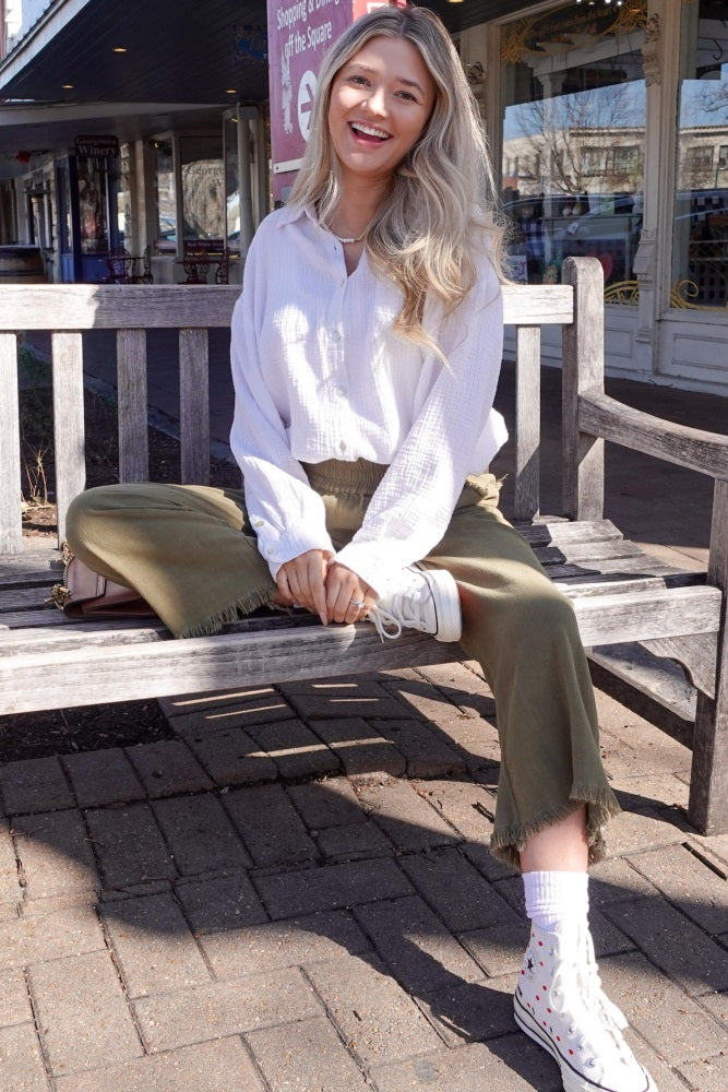 Olive Linen Frayed Hem Crop Pants