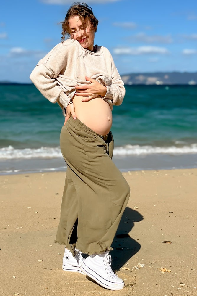 Olive Linen Frayed Hem Crop Maternity Pants