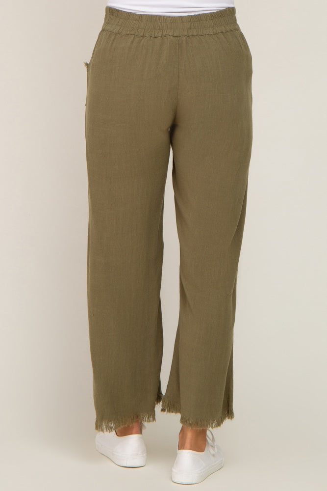 Olive Linen Frayed Hem Crop Maternity Pants
