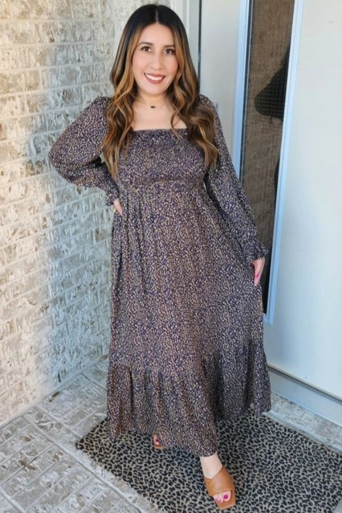 Black Leopard Print Square Neck Smocked Midi Dress