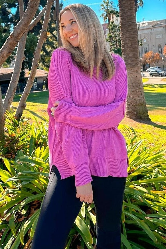 Magenta Exposed Seam Side Slit Sweater