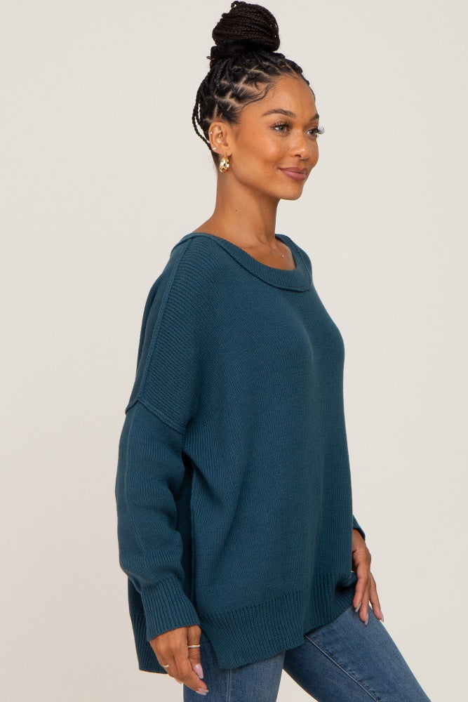 Teal Exposed Seam Side Slit Sweater