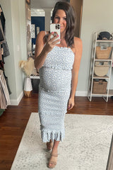 Blue Floral Chiffon Smocked Tiered Square Neck Maternity Midi Dress