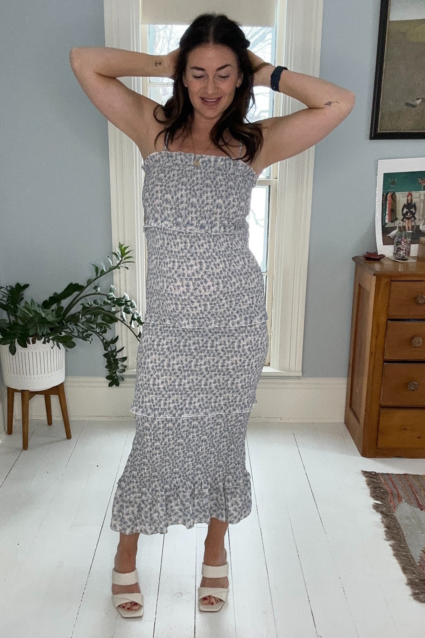 Blue Floral Chiffon Smocked Tiered Square Neck Maternity Midi Dress