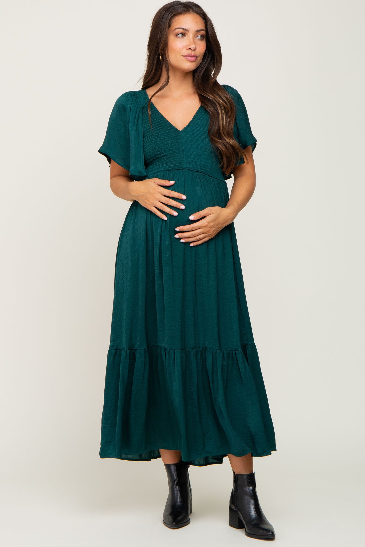 Emerald Satin Smocked Maternity Midi Dress