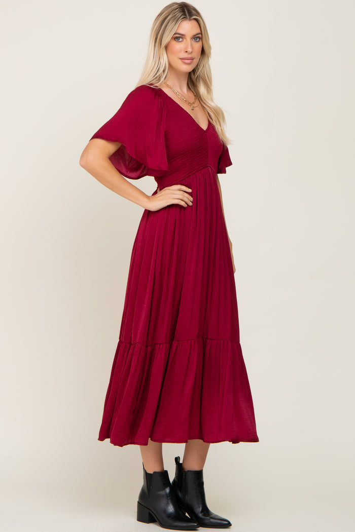 Burgundy Satin Smocked Midi Dress