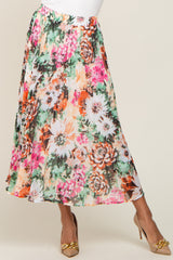 Orange Floral Pleated Midi Skirt