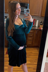 Forest Green Velvet Long Sleeve Side Slit Maternity Dress