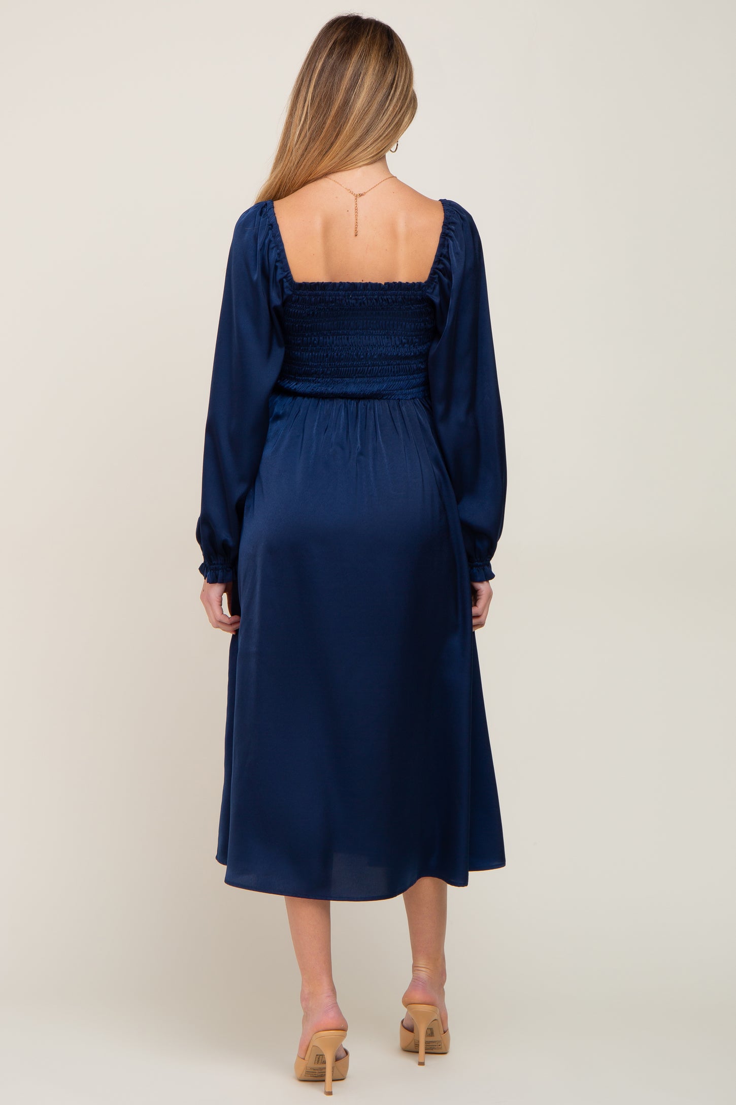 Navy Blue Smocked Square Neck Satin Maternity Midi Dress