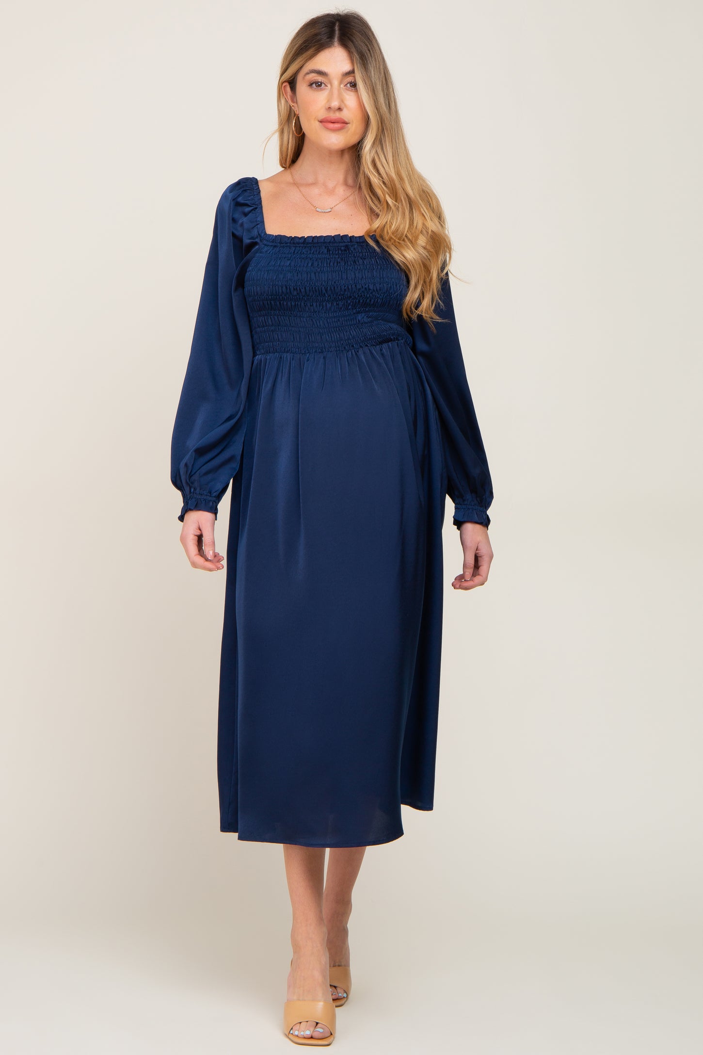 Navy Blue Smocked Square Neck Satin Maternity Midi Dress