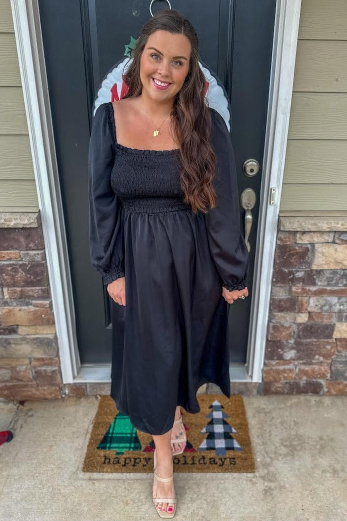 Black Smocked Square Neck Satin Maternity Midi Dress