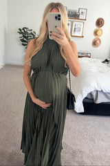 Olive Pleated Maternity Halter Dress