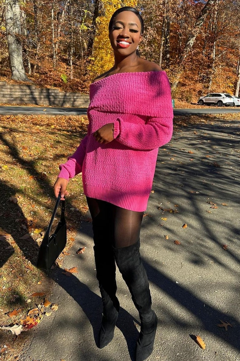 Fuchsia Foldover Off Shoulder Sweater